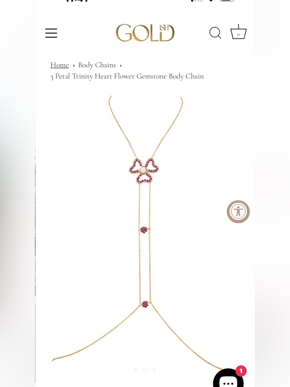 Goldish Body Chain Necklace with Pink Gemstone Flower